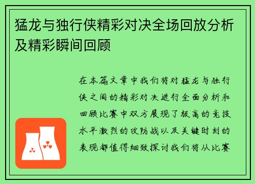 猛龙与独行侠精彩对决全场回放分析及精彩瞬间回顾
