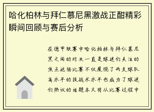 哈化柏林与拜仁慕尼黑激战正酣精彩瞬间回顾与赛后分析